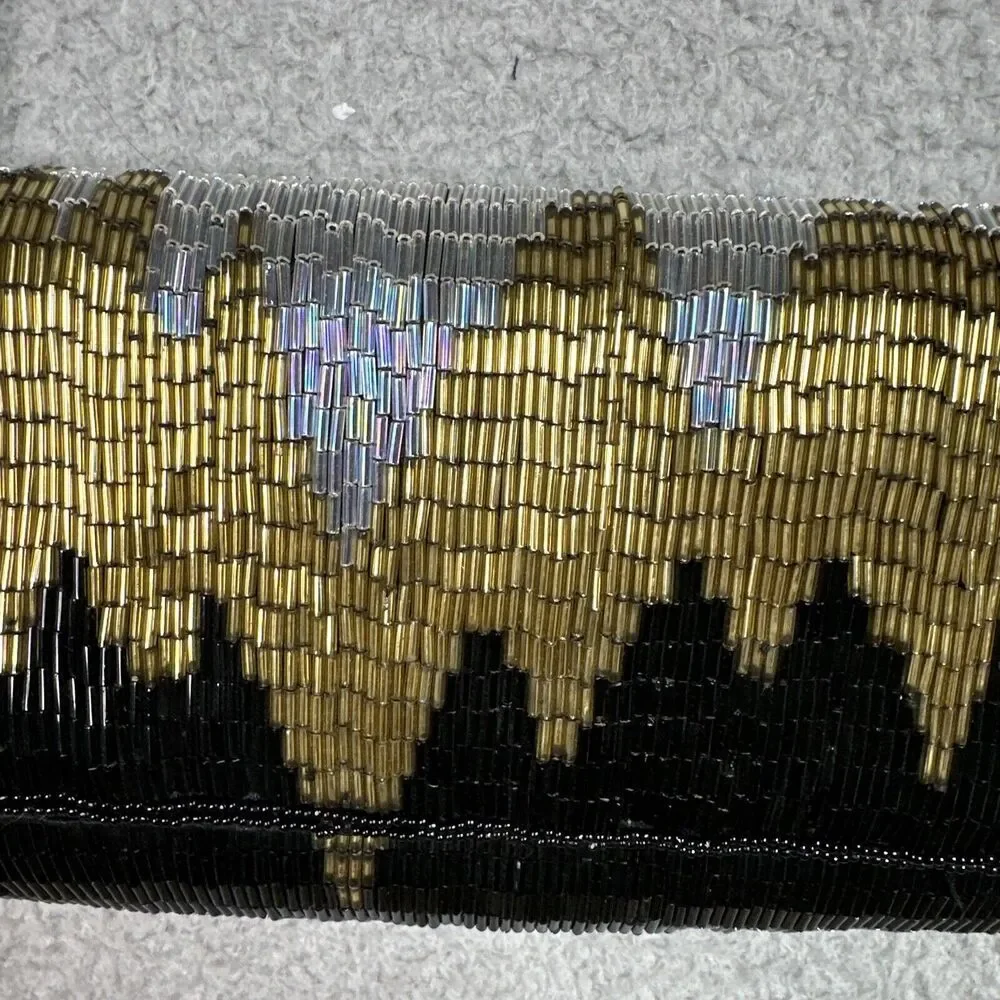 DLS International Purse Clutch Shoulder Strap Beaded Sequins Black Gold Silver‎